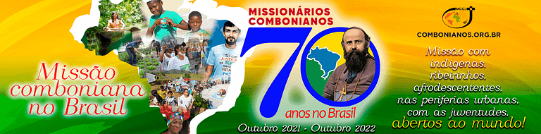 Logo e mapa do Brasil, celebrando com o rosto do povo os 70 anos de presença comboniana no Brasil